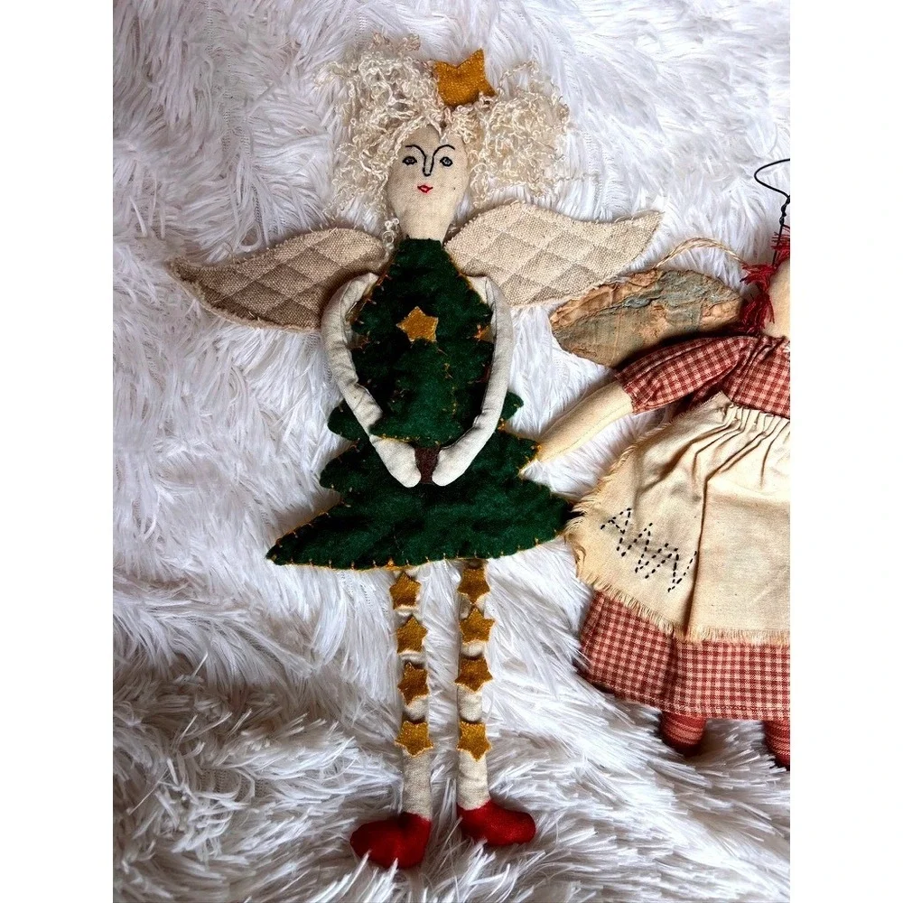 3 Rustic Primitive Christmas Tree Ornaments Angels Bunny Whimsical Folk Art